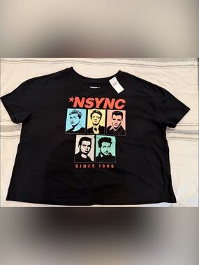 NSYNC Black Graphic Crop Top with Multicolor Portrait Blocks